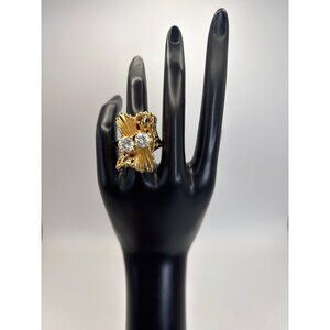 Vintage 18k Gold Electroplated Wave Abstract Cubic Zirconia Cocktail Ring Sz 9